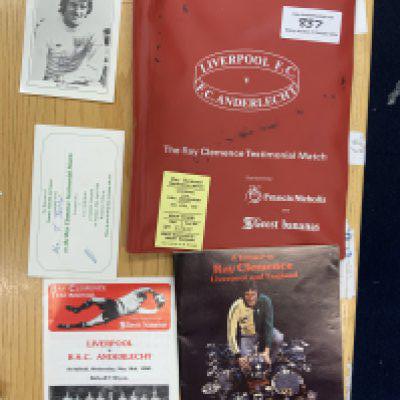 Liverpool Football Memorabilia: Ray Clemence 1980 testimonial pack containing sponsors invites, signed photo, ticket, badges, programme, brochure and more. C/W Grobbelaar testimonial programme and ticket, Phil Thompson signed testimonial brochure, 4 European match tickets including 2001 Kiev away. C/W two signed pennants including a 2001 Alves v Liverpool and a shin pad from 01/02 signed by 6 players.