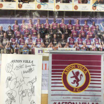 Aston Villa Signed Football Items: Large pennant signed by 12 including Rimmer and Yorke. C/W 2000/2001 signed A4 page and large creased poster from same season signed by 11. (3)