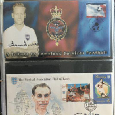 Signed Football First Day Cover Collection: Some great names have hand signed on FDCs to include Matthews Docherty Rush Shilton Hurst Jago Venables and Cantwell. Multi signed include Burnley legends signed by 4 including McIlroy and Connelly and a legends one signed by 5 including Finney Hunter and Lofthouse. 105 first day covers from a wide range of football moments with 37 autographs.