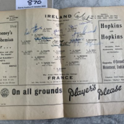 1952 Ireland Signed Football Programme: Home match v France is signed to team page by 9 including Eglington Ryan Fallon Fitzsimons Carey Aherne and others. Programme has fold and writing to rear.