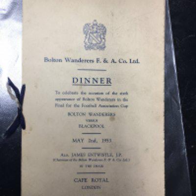 1953 FA Cup Final Signed Football Menu: Famous Great Stans final between Blackpool and Bolton. Bolton blue and white tasseled menu the evening of the match at the Cafe Royal with 5 unknown autographs inside.
