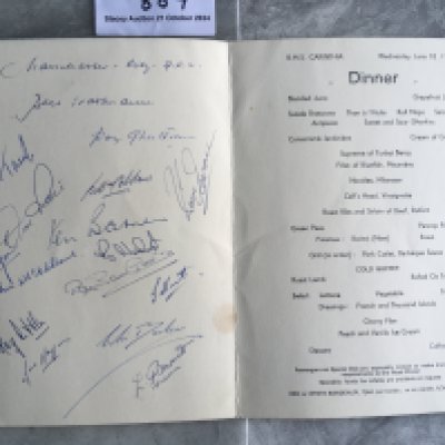 Manchester City 1958 Cunard Signed Football Tour Menu: 4 page card with Cunard ship to cover dated 18 6 1958. Inside page is signed by 16 of the Canadian tour party. Includes Trautmann McTavish Little Hayes Hart McClelland Barlow Fagan Sambrook Barnes and others. In this auction we also have two programmes from this tour not included in this lot.