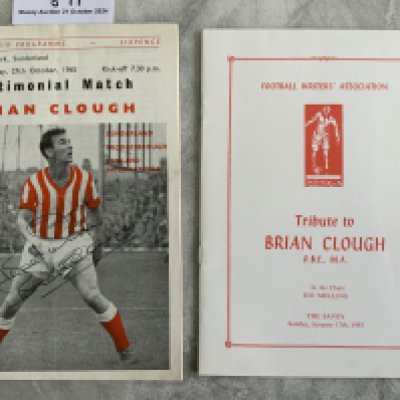 Brian Clough Football Memorabilia: 1965 testimonial programme Sunderland v Newcastle signed clearly to cover without dedication. Full size colour magazine picture in Sunderland kit also signed without dedication. Football Writers dinner menu and ticket in 1993 at the Savoy which is a Brian Clough tribute evening. (4)