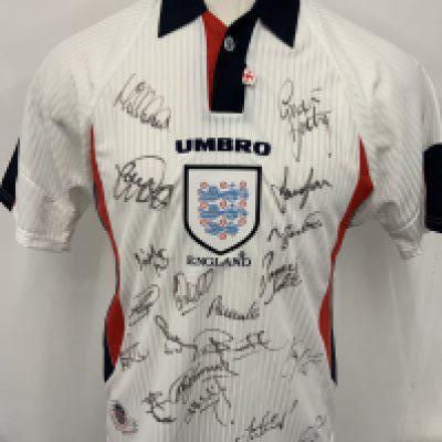 England World Cup 1998 Fully Signed Football Shirt: White home shirt in size medium brand new and never worn. Given to major sponsor who attended the tournament. Signed clearly to front by 19 including Merson Owen Southgate Campbell Adams Le Saux Martyn Shearer and goalkeeping coach Clemence.