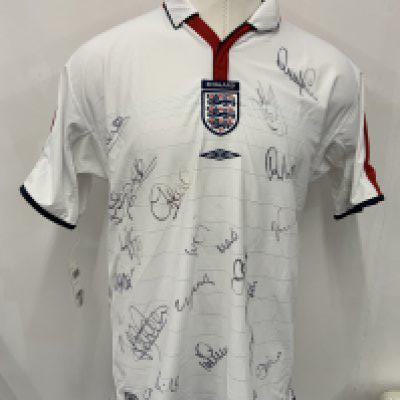 England Euro 2004 Multi Signed Football Shirt: White home shirt in size large brand new with tags. Given to major sponsor who attended the tournament. Signed clearly to front by 22 including Owen Campbell Gerrard and Beckham.
