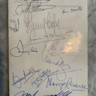 Muhammad Ali + Bobby Moore Signed Boxing Menu: 1974 Sportsmans dinner menu to honour the heavyweight champion of the world. Signed to rear blank page by Ali, Bobby Moore, Harry Levene, Reg Gutteridge, Henry Cooper and others. Nice genuine item. Press report cuttings include mention of Ali meeting Cooper who discussed a re match.