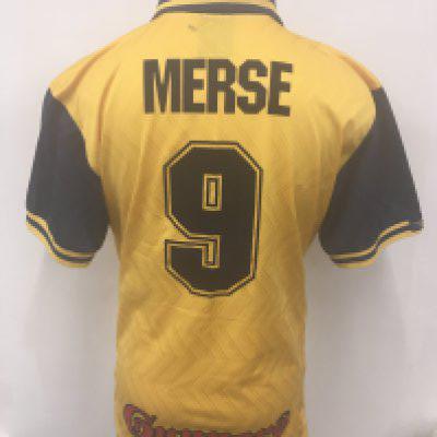 Arsenal 96/97 Merson Signed Away Football Shirt: Possibly a parting gift from his team mates in his final season. Unworn yellow JVC shirt with Merse 9 to rear. Front has 23 autographs including his own.