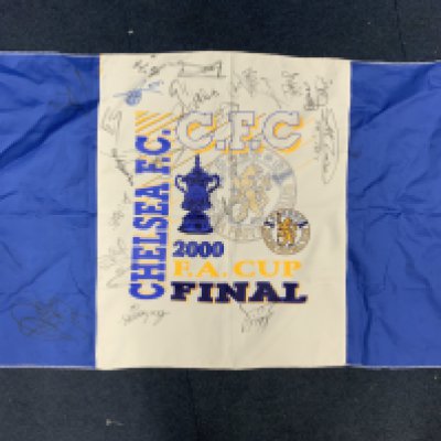Chelsea 2000 FA Cup Winners Final Signed Football Flag: 19 undedicated autographs to include Wise Di Matteo and Zola. Former property of Paul Merson. Measures 29 x 22 inches.