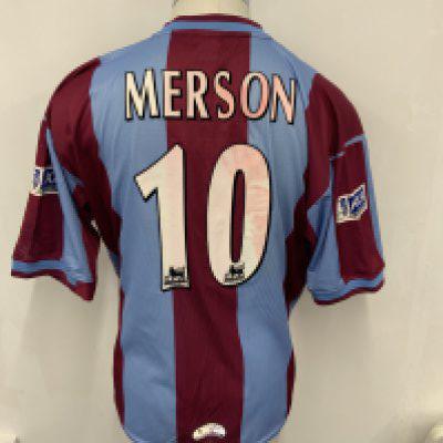 Aston Villa 2000 FA Cup Final Match Issued Shirt: Issued to Merson who opted for long sleeves in the match. This has since been washed a few times as there is a claret bleed on numbering and lettering and wear to lower sleeve.