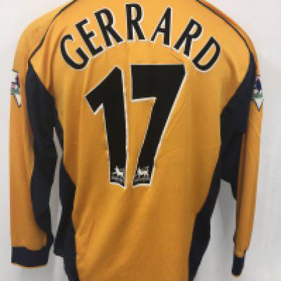 Liverpool 2000 - 2001 Gerrard Match Worn Football Shirt: Yellow long sleeve Reebok Carlsberg shirt. Number 17 Gerrard to rear. Obtained by his England team mate Paul Merson.