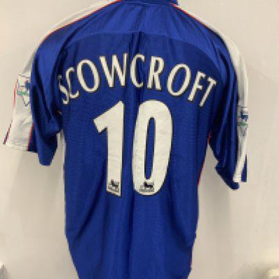 Ipswich Town 1999 - 2001 Scowcroft Match Worn Football Shirt: Blue short sleeve Punch Greene King home shirt with number 10 Scowcroft to rear. Obtained by Paul Merson.