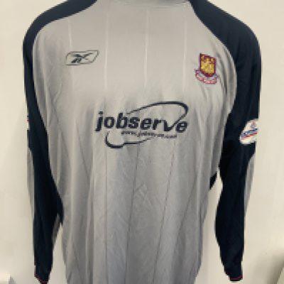West Ham 2003 - 2004 James Match Worn Goalkeepers Football Shirt: Grey long sleeve with Nationwide sleeve badging. Reebok Jobserve shirt has James number 1 to rear. Worn v Walsall on 20 12 2003 and swapped with Paul Merson.