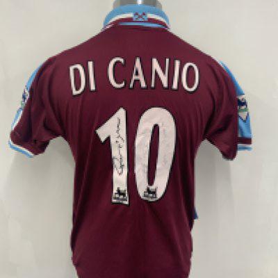West Ham 1999 - 2001 Di Canio Match Worn Football Shirt: Claret and blue short sleeve Fiola Dr Martens shirt. Di Canio number 10 with unknown autograph which may have bled onto other number. Obtained by Paul Merson of Aston Villa.