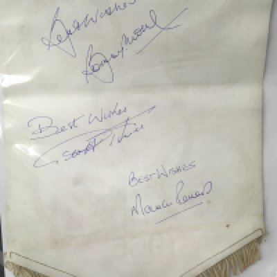 West Ham Coffer 1966 World Cup Signed Football Pennant: Hurst Moore and Peters signed to rear by all three players without dedication. Original top sheaf hanging bar is still intact.