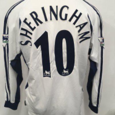 2001 - 2002 Tottenham Sheringham Match Worn Football Shirt: Long sleeve white Adidas Holsten shirt. Sheringham number 10 to rear. Worn v Aston Villa on 29 12 2001 and swapped with Paul Merson.