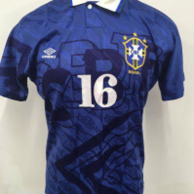 Brazil 1993 Match Worn Football Shirt: Blue short sleeve Umbro shirt. Number 16 to front and back and name Almir to rear. Worn on 13 6 1993 v England in USA. Swapped with Paul Merson.