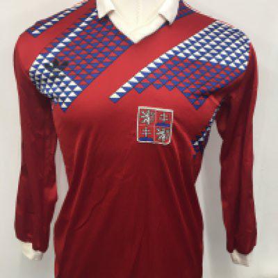 Czechoslovakia 1992 Match Worn Football Shirt: Stunning red with with and blue pattern long sleeve Adidas shirt. Felt number 3 to rear. Worn on 25 3 1992 v England by Miroslav Kadlec. Swapped with Paul Merson who scored that day in 2-2 draw.