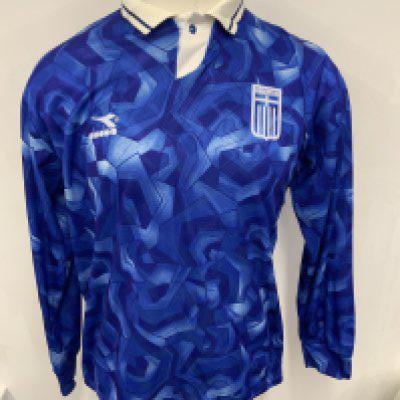 Greece 1994 Match Worn Football Shirt: Number 12 long sleeve blue Diadora shirt with number 12 to rear. Worn by Olympiakos player Koulis Karataidis who swapped with Paul Merson.