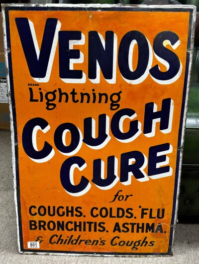 A Vintage Enamel Sign Venos Cough Cure. 76cm x 50cm