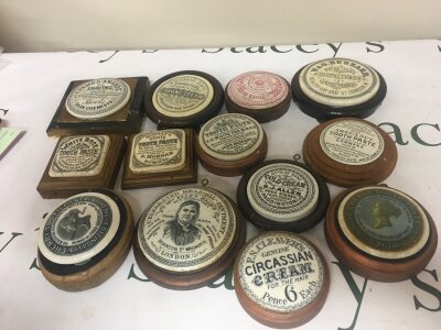 A collection of Victorian pot lids Genuine Circassian cream cold cream and Tooth paste.