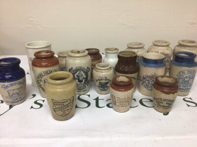 A Collection of Victorian and later stoneware Dairy Cream jars all with intresting trade and Dairy labels. NO RESERVE.
