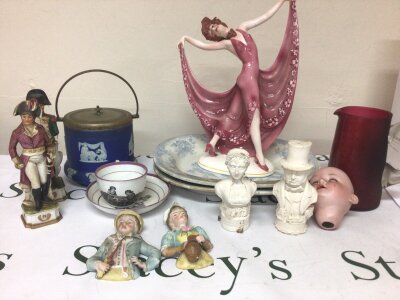 A collection of Victorian and later ceramics including a Wedgwood biscuit barrel lustre ware cup and saucer cranberry glass jug and other ceramics.