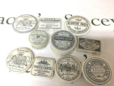 A collection of Victorian Pot lids Anchovy Paste Shaving Cream Tooth Paste Bloater Paste and others NO RESERVE.