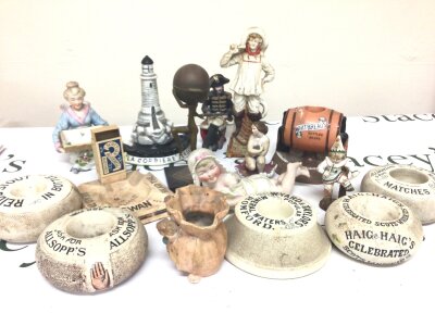 A collection of Vintage ceramic bar top match holders with black and white trade  advertisements  and other early 20th century ceramics. NO RESERVE.