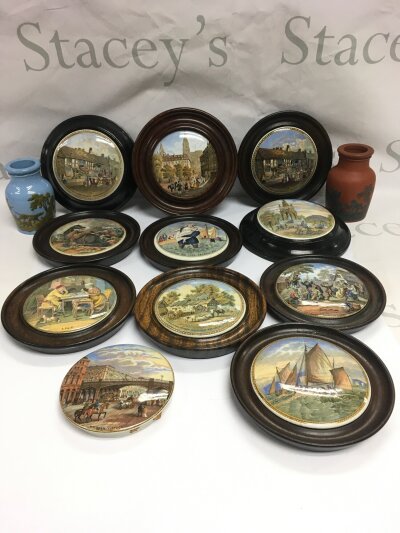 A collection of Victorian pot lids and two with transfer decoration.