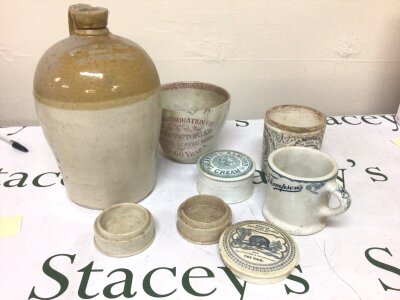 A rare Victorian pot lid Russian Bear’s Grease for the hair (restored) a large Victorian tea cup 60 year Queen Victoria commemorative a stoneware flagon and other conforming ceramics.