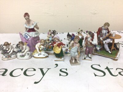 A Collection of late 19th century small Continental figure groups including Symbolic figures of cherubs with goats, a porcelain figure with a seated gentleman a Royal Dux figure and others.