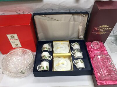 A boxed Coalport coffee set, boxed Doulton crystal decanter etc.