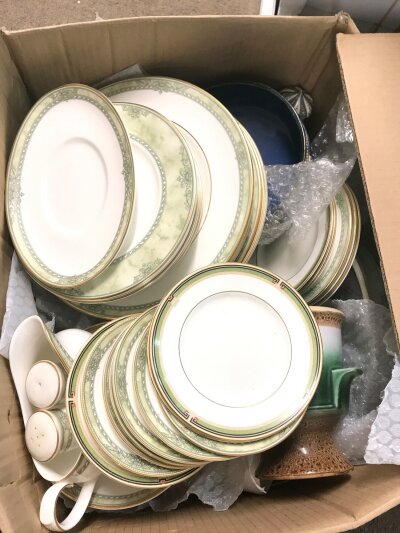 A collection of ceramics including a Doulton Isabella pattern dinner set and Lambeth ware vase. Plates cups saucers, damaged delft candlestick- NO RESERVE