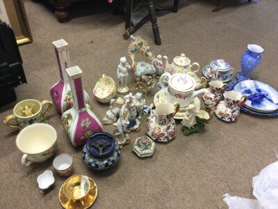 A collection of ceramics including Royal Doulton blue children plates, classical figures and vases, Sunderland loving cup with frog