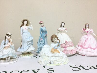 A collection of porcelain figures including Royal Worcester safe at last, The masquerade begins etc, Coalport Best friends, Olivia etc
