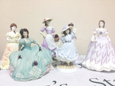 Porcelain figures including Coalport age of elegance, ladies of fashion Karen , Royal Worcester the last waltz porcelain figures, grandma bonnet,