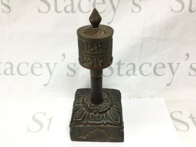 A Tibetan prayer wheel and carved stand- NO RESERVE