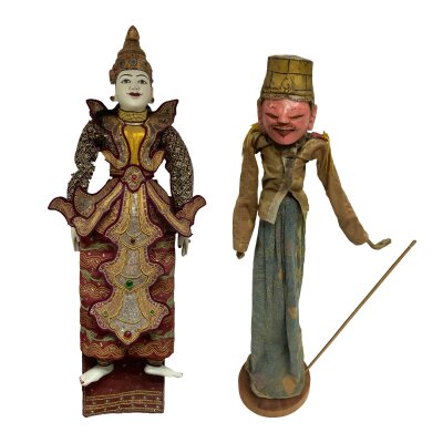 vintage Indonesian Wayang Golek rod puppet, a traditional wooden puppet used in Sundanese puppetry 60cm, together with a Burmese marionette puppet (yoke-thei), a traditional string puppet from Myanmar 106cm.- NO RESERVE