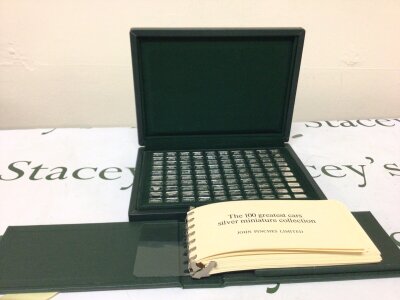 A cased presentation set of silver miniature ingots The 100 greatest cars with a detailed brochure.