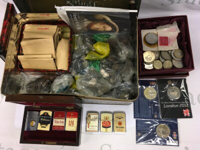 A tin of coins and lighters.