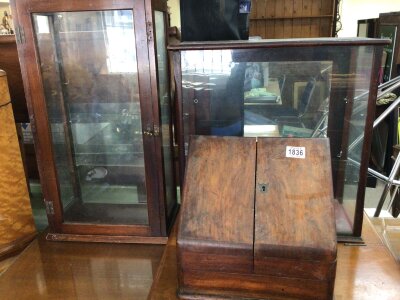 A Walnut Stationary box with a well fitted interior an oak smokers  companion box sliding top and drawer and two small antique table top display cabinets (4)