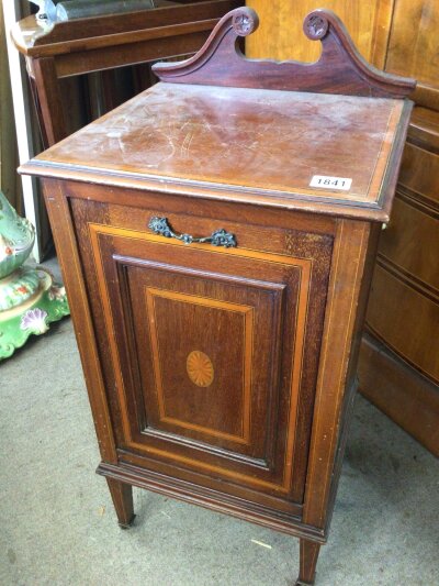 An Edwardian Satinwood banded Mahogany coal box with scroll raised back and fall front. NO RESERVE