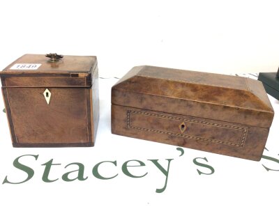An 18th century George III mahogany tea caddy of rectangular shape with a cross banded edge with an internal lid and one other inlaid walnut box (2)