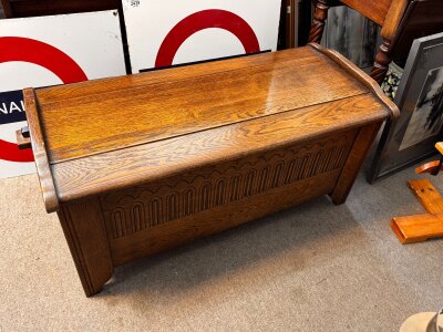 A Small oak linen front blanket chest, 104cm x 46.5cm