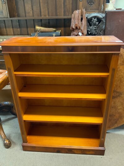 A Matching pair of Yew wood bookshelves together with a small drop front bureau.