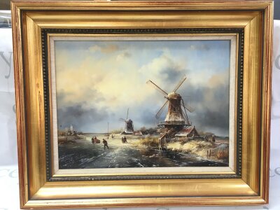 A 20th century oil painting Dutch Scene, winter landscape with windmills and figures on a frozen river by G. Schroter. Frame Dimensions 54x44cm