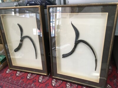 Two framed Cambodian (Khmer) rice cutters.  Case dimensions 53cm wide, 74cm tall, 7cm long.NO RESERVE