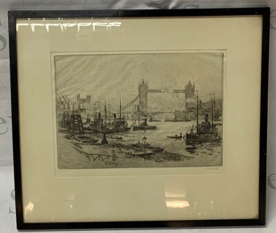 Stanley Charles Rowles, etched depiction of Tower Bridge in London, viewed from the far side of the river Thames. Steam boats and workman. 46cm x 40cm, pencil signed lower right.- NO RESERVE