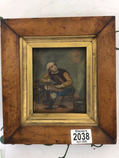 A small Maple framed mid Victorian watercolour a seated figure within an interior 21x24cm