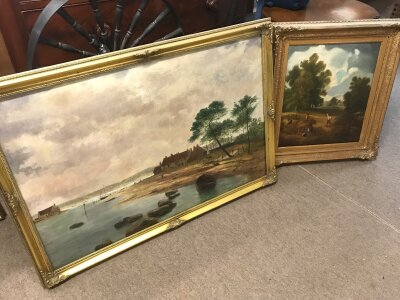 A 19th century oil painting on canvas rural scene and a larger later painting. Frame sizes 100x70cm & 55x65cm